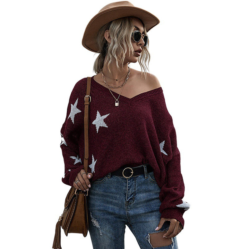 Damen Lässiger Oversized Pullover mit Sternen Drune