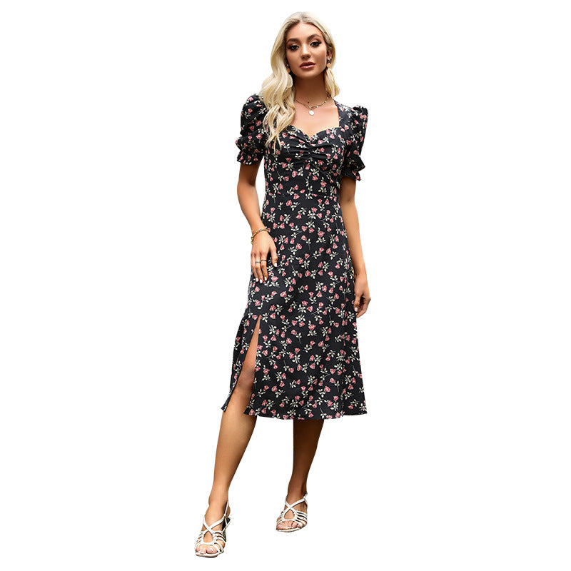 Damen Midikleid mit floralem Design und voluminösen Puffärmeln Drune