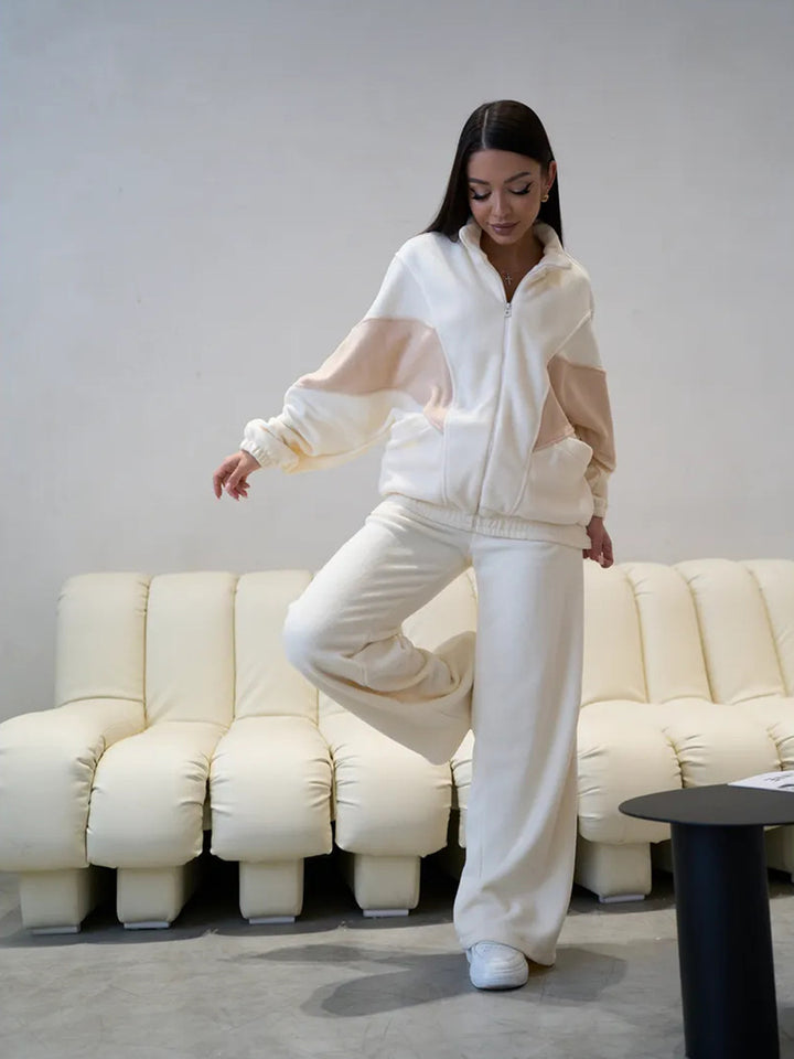 Damen oversized Reißverschluss-Fleecejacke mit Paneel-Details und weiter High-Waist-Loungehose Drune