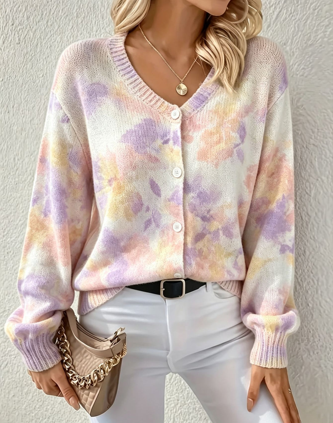 Damen Leichter Jacquard‑Strickcardigan mit Leo‑Print, Rundhalsausschnitt und Knopfleiste Drune