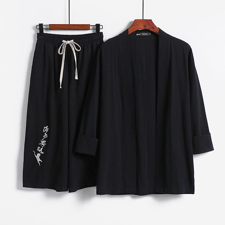 Damen Kimono-Set aus leichter Baumwollmischung offene Jacke mit lässig gekrempelten Ärmeln und weiter Haremshose mit Kordelzug Drune