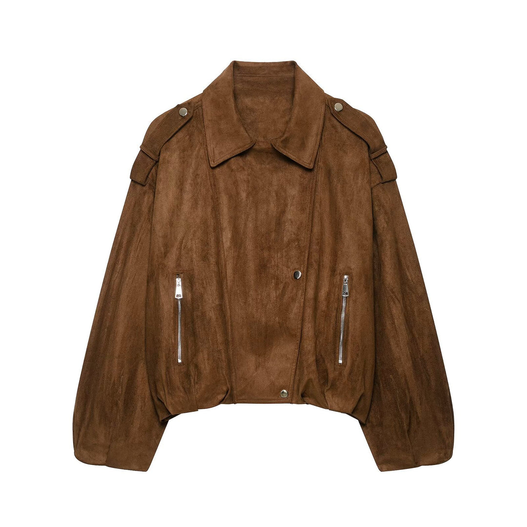 Damen Kurz geschnittene Wildleder-Bikerjacke mit Schulterklappen Drune