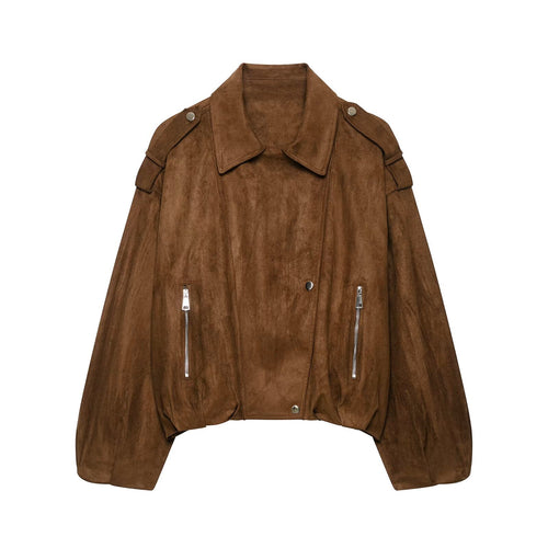 Damen Kurz geschnittene Wildleder-Bikerjacke mit Schulterklappen Drune