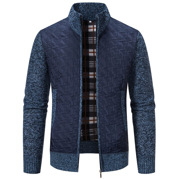 Herren gesteppte Strick‑Hybridjacke mit Stehkragen, durchgehendem Reißverschluss und kariertem Futter Drune