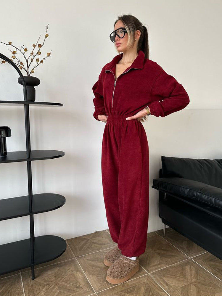 Damen kuscheliger Plüsch-Jumpsuit mit halbem Reißverschluss und elastischer Taille Drune