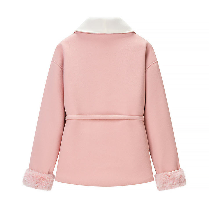 Damen nan taillierte Kurzjacke mit großzügigem Schalkragen, Bindegürtel und Kunstfellmanschetten Drune