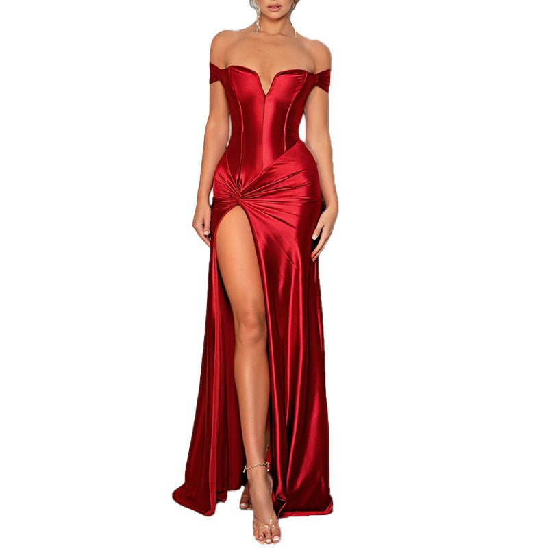 Damen elegantes Abendkleid mit schulterfreiem Design und hohem Schlitz Drune