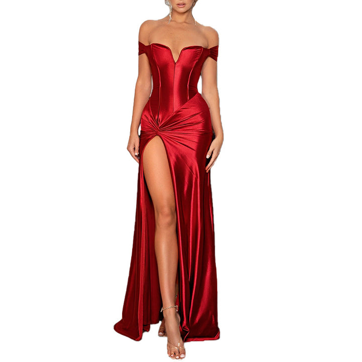 Damen elegantes Abendkleid mit schulterfreiem Design und hohem Schlitz Drune