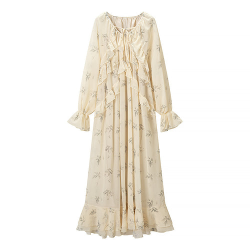 Damen Maxikleid mit Volants, langem Glockenärmel und floralem Chiffon-Design Drune