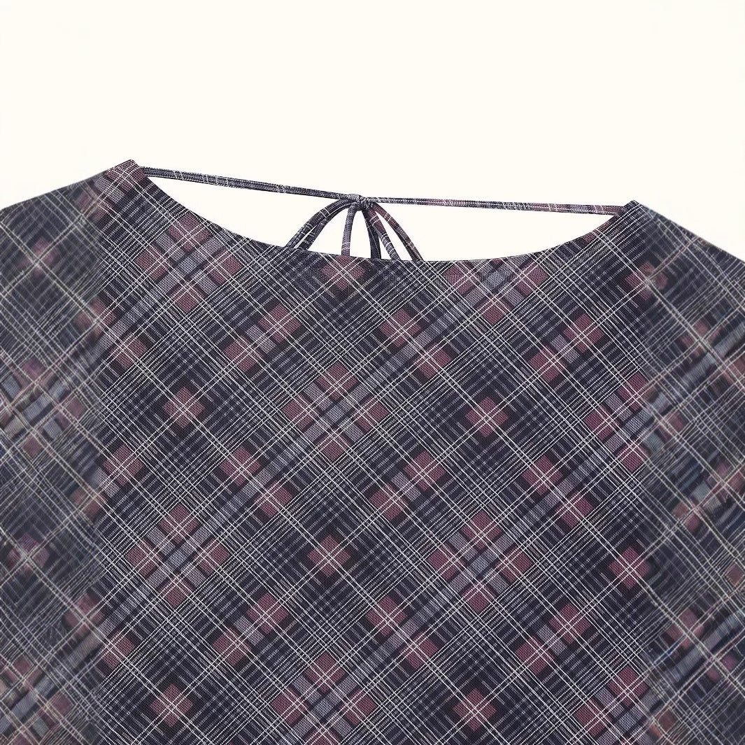 Damen nan asymmetrisches Midikleid mit Karomuster, geraffter Taille und schwingendem Stufenrock Drune