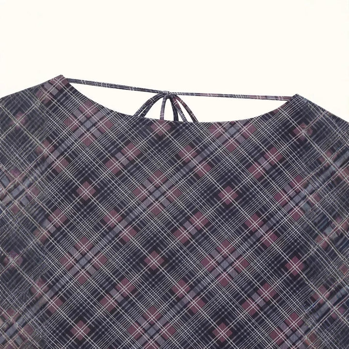 Damen nan asymmetrisches Midikleid mit Karomuster, geraffter Taille und schwingendem Stufenrock Drune