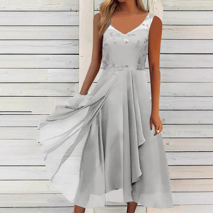 Damen nan A-Linien-Chiffonkleid mit floralem Stickoberteil, V-Ausschnitt, drapiertem Godet-Schwung und verdeckten Seitentaschen Drune