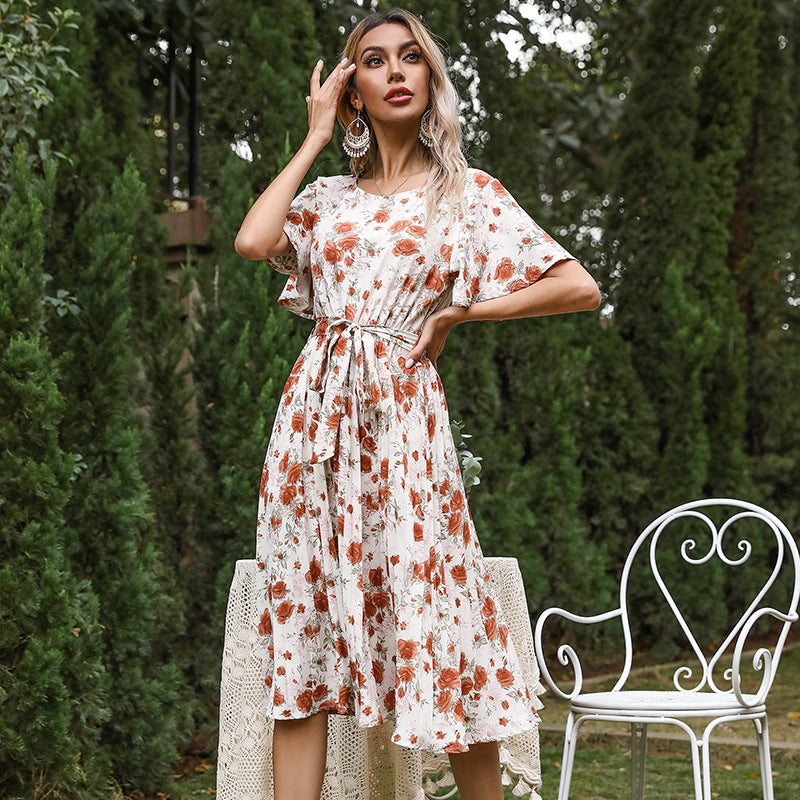 Damen Florales Midikleid mit Bindegürtel, Flatterärmeln und A-Linien-Schnitt Drune
