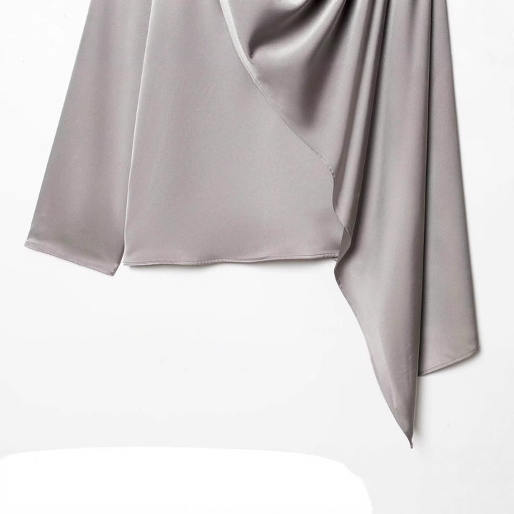 Damen Asymmetrische Drapierte Satinbluse mit Wasserfallkragen Drune