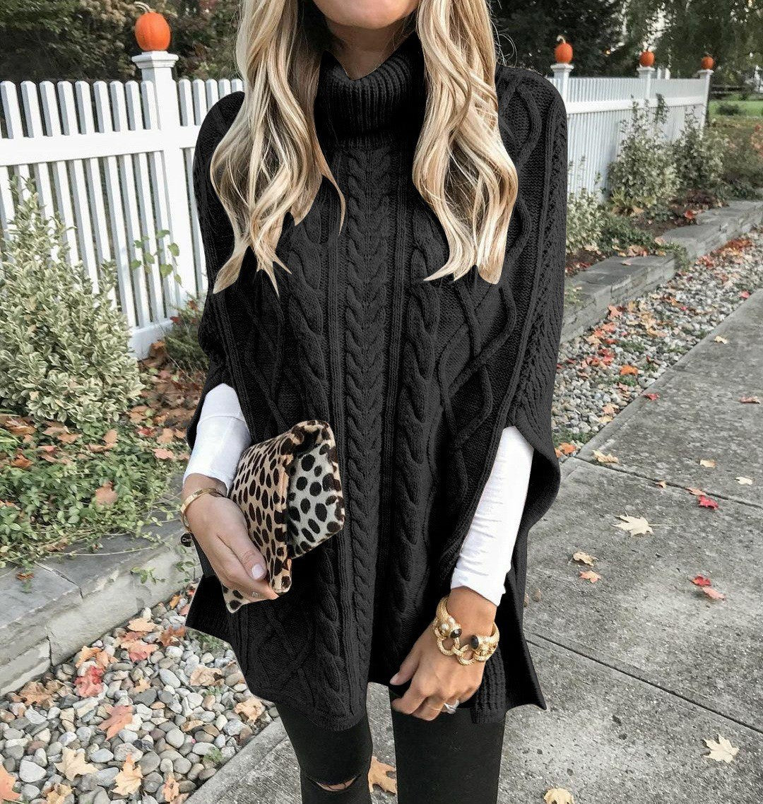Damen Grobstrick-Poncho mit hohem Kragen und Zopf-Design Drune