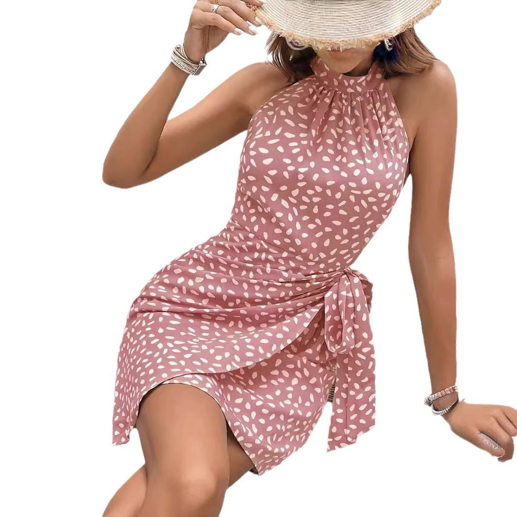 Damen Neckholder-Wickelkleid aus leichtem Satin mit Bindegürtel Drune