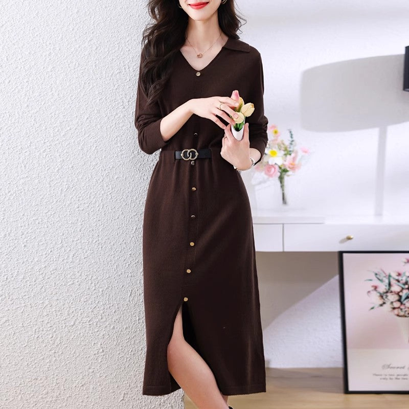 Damen Knielanges Hemdblusenkleid mit elegantem Kragen Drune