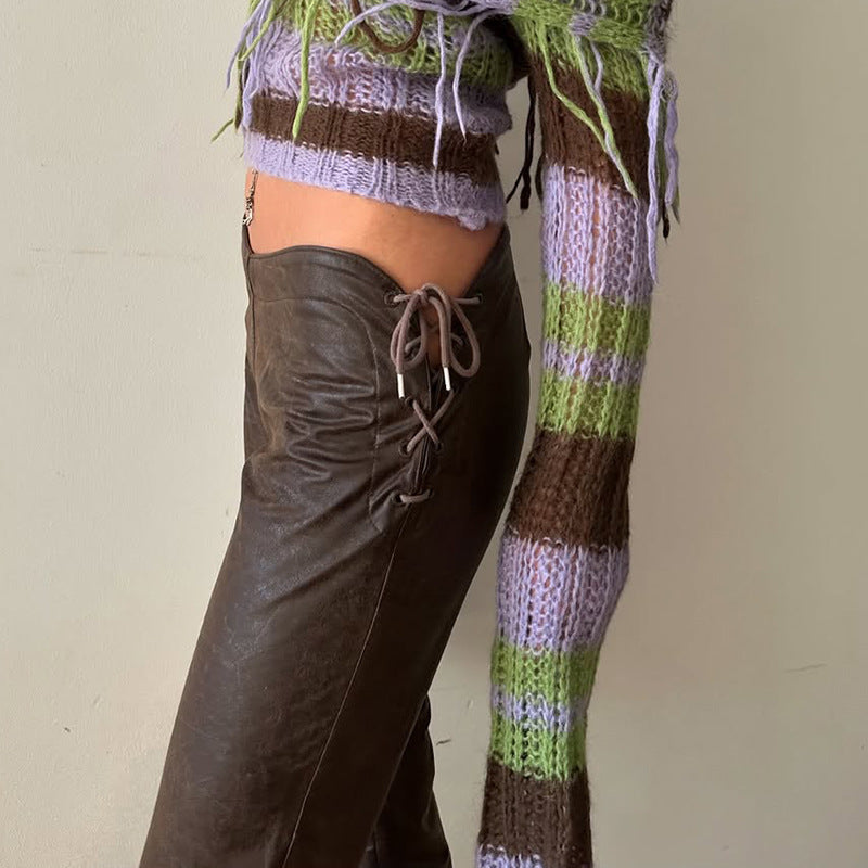 Damen High‑Waist Schlaghose aus Kunstleder mit seitlichen Zierkordeln Drune