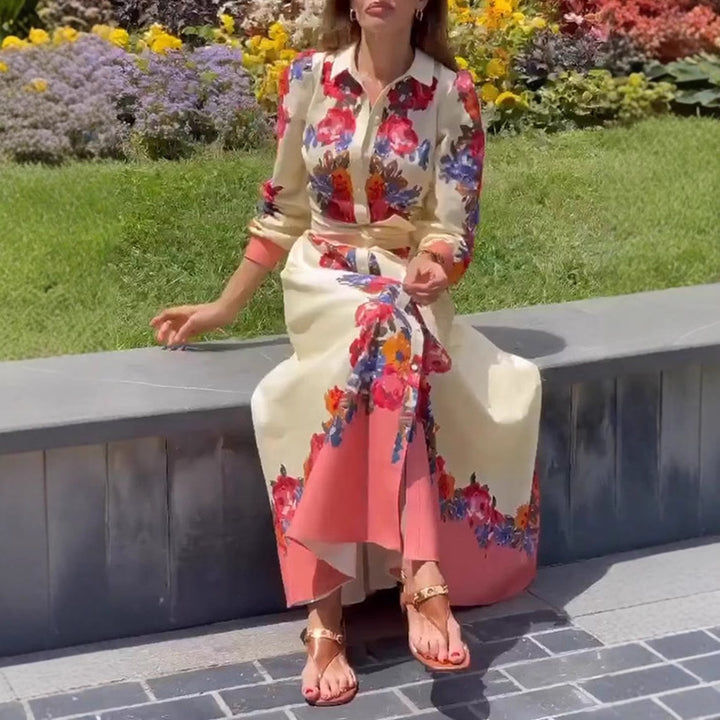 Damen nan langes Hemdblusenkleid mit floralem Print, Bindegürtel und Volantbesatz Drune
