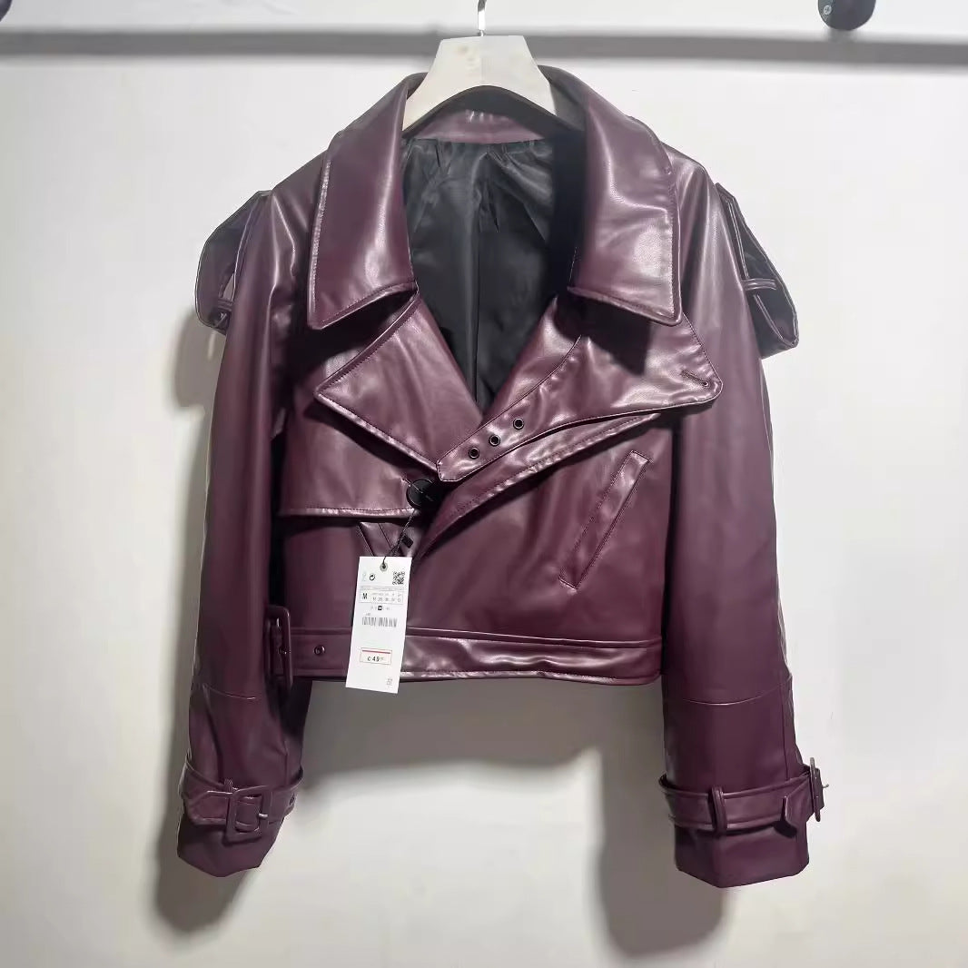 Damen nan cropped Kunstleder-Trenchblouson mit Schalkragen, Taillengürtel und verstellbaren Manschettenriemen Drune