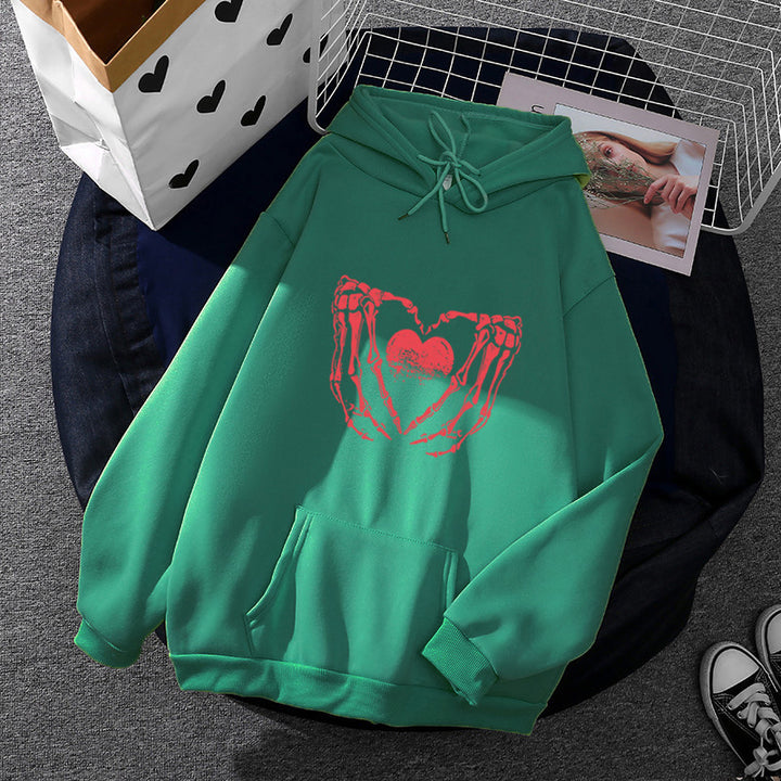 Damen nan stylischer Kapuzenpullover mit Skeletthand Herzmotiv und Kängurutasche Drune