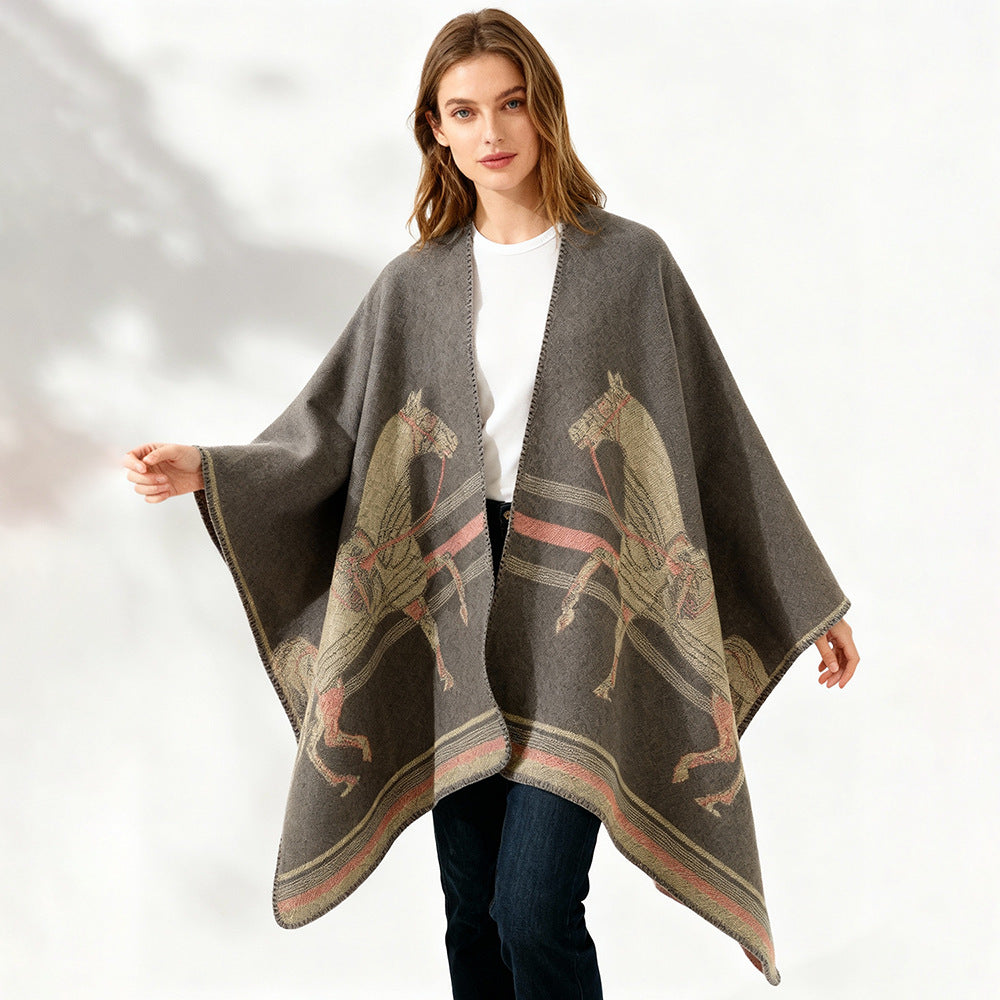 Damen Jacquard‑Poncho mit Pferdemotiv und weichem Wollmix Drune