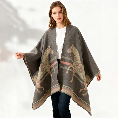 Damen Jacquard‑Poncho mit Pferdemotiv und weichem Wollmix Drune