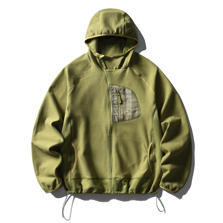 Unisex Leichte Tech-Fleece Kapuzenjacke mit Frontreißverschluss, Brust-Zip-Tasche und Kordelzugsaum Drune