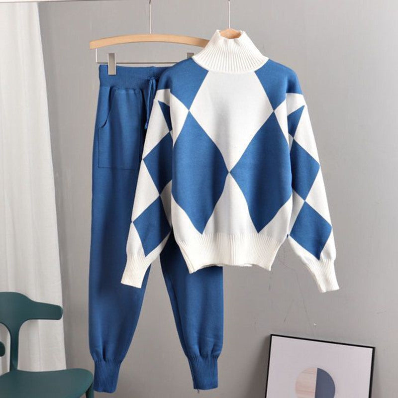 Damen stylisches Freizeitstrickset mit hohem Kragen Drune