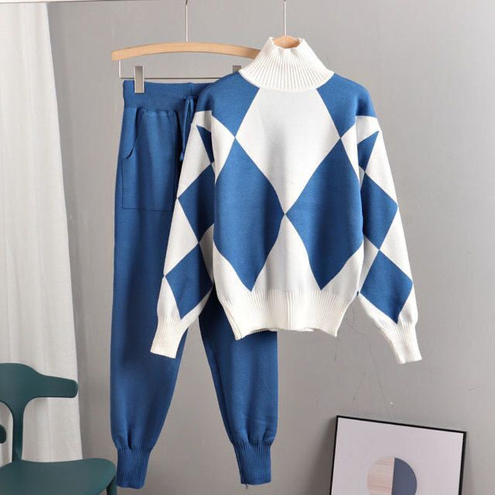 Damen stylisches Freizeitstrickset mit hohem Kragen Drune