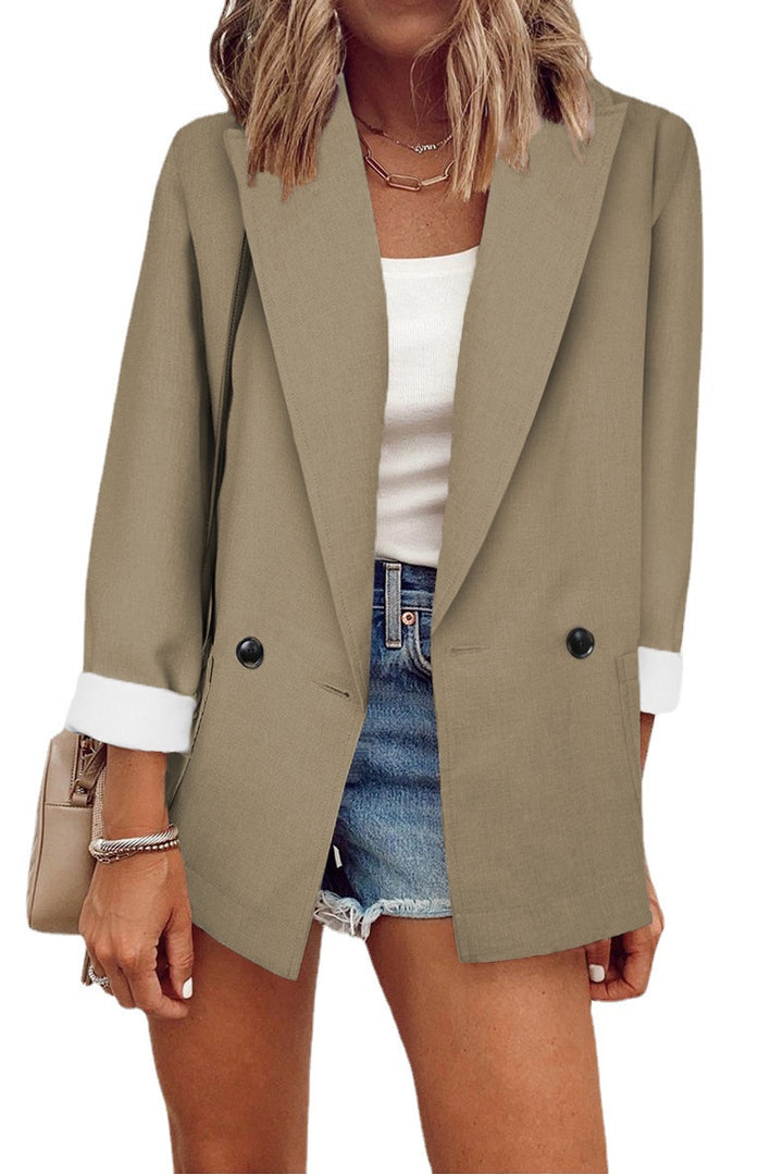 Damen Oversize Longline-Blazer mit 3/4-Ärmeln, Kontrastumschlag und aufgesetzten Taschen Drune