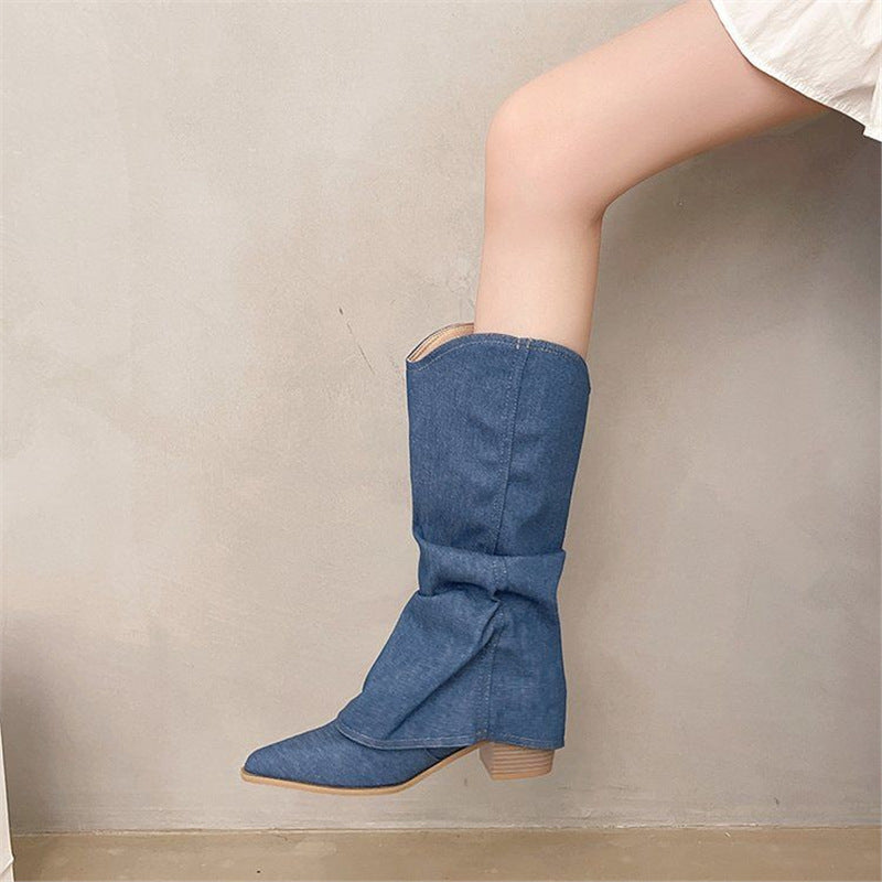 Damen Slouchy Cowboy‑Stiefel aus Denim mit spitzer Zehenform und niedrigem Blockabsatz Drune