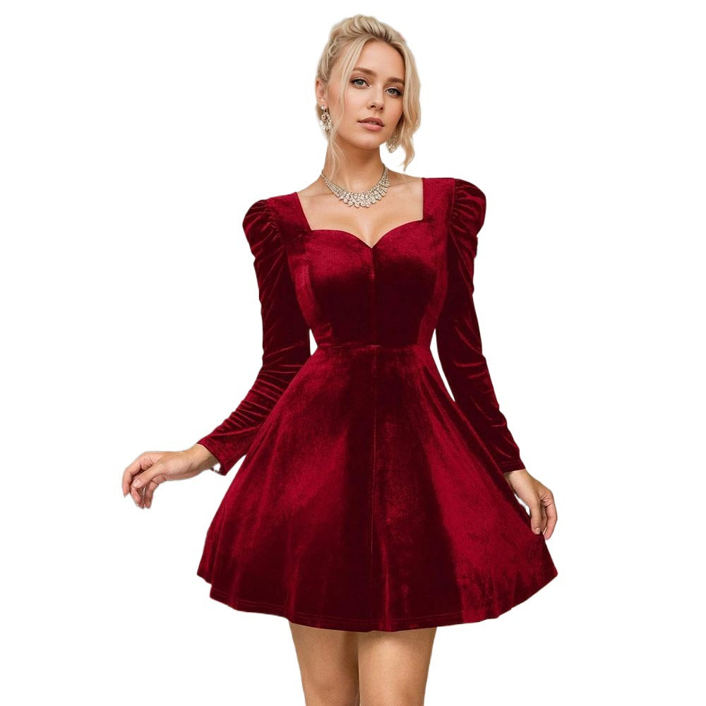 Damen Samt-Kurzkleid mit herzförmigem Dekolleté taillierter Korsagenoptik und voluminösen Puffärmeln Drune