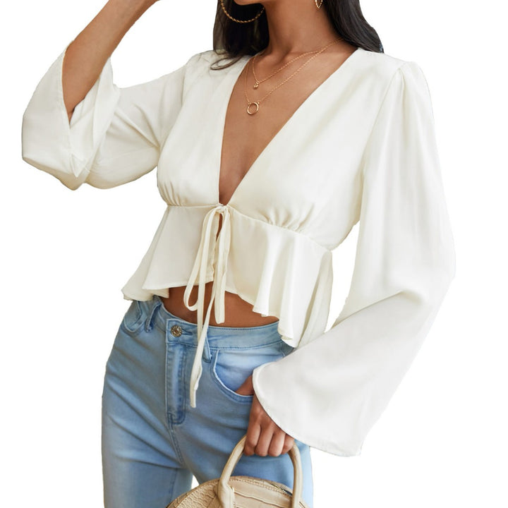 Damen gerafftes Wickel-Cropped-Top mit tiefem V-Ausschnitt, Kordelbindung und weiten Glockenärmeln Drune