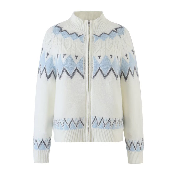 Damen Strickjacke mit durchgehendem Reißverschluss, Rippkragen und Norweger-Muster Drune