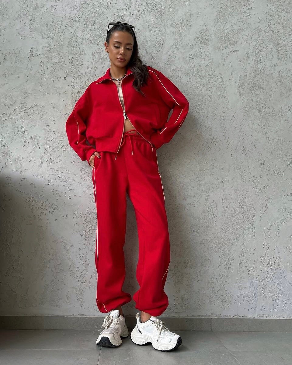 Damen lässiges Sweatset mit Stehkragen Reißverschluss gekürzter Jacke und hochtaillierter Schlaghose Drune