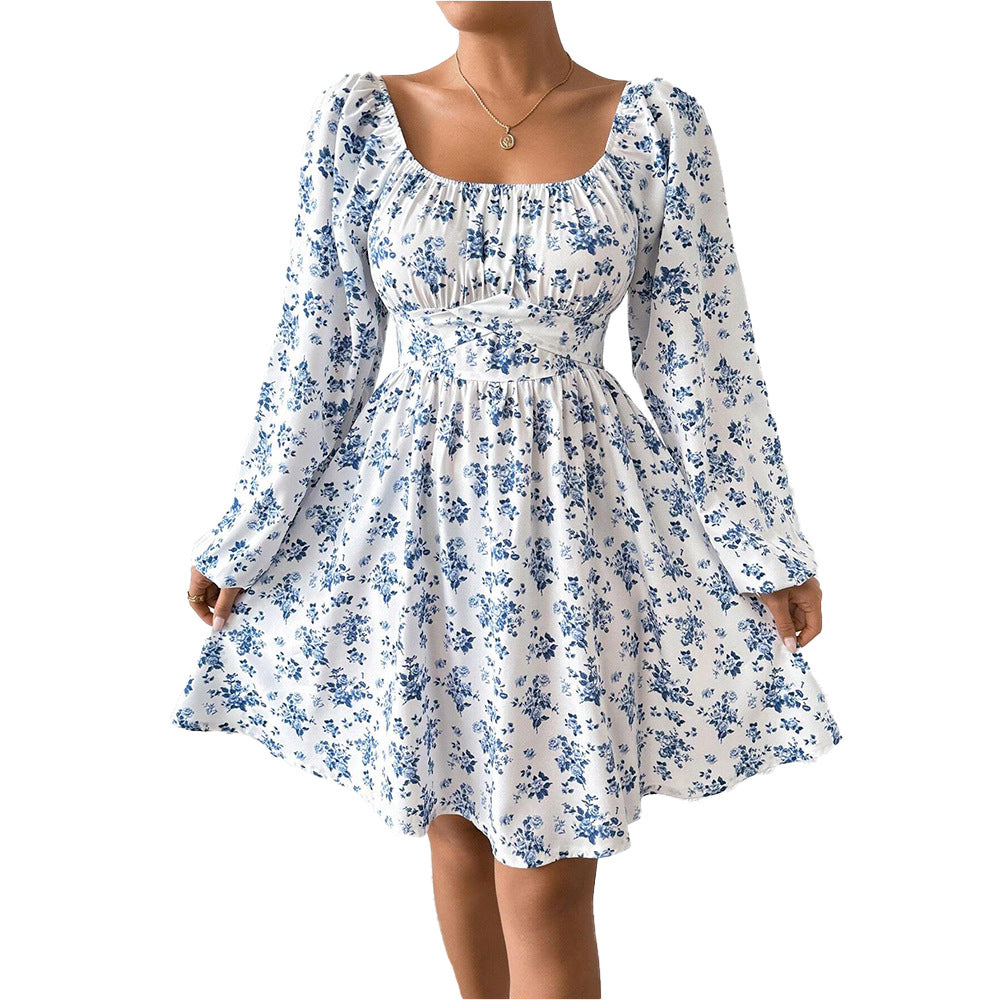 Damen luftiger Blumenkleid mit eleganter Raffung und langen Ärmeln Drune