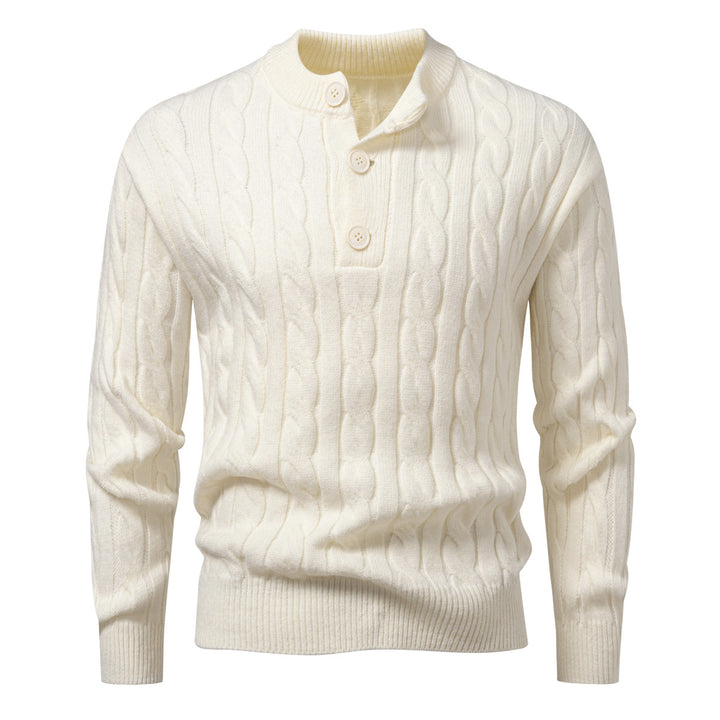 Herren Zopfmuster-Pullover mit kurzer Knopfleiste und Stehkragen Drune