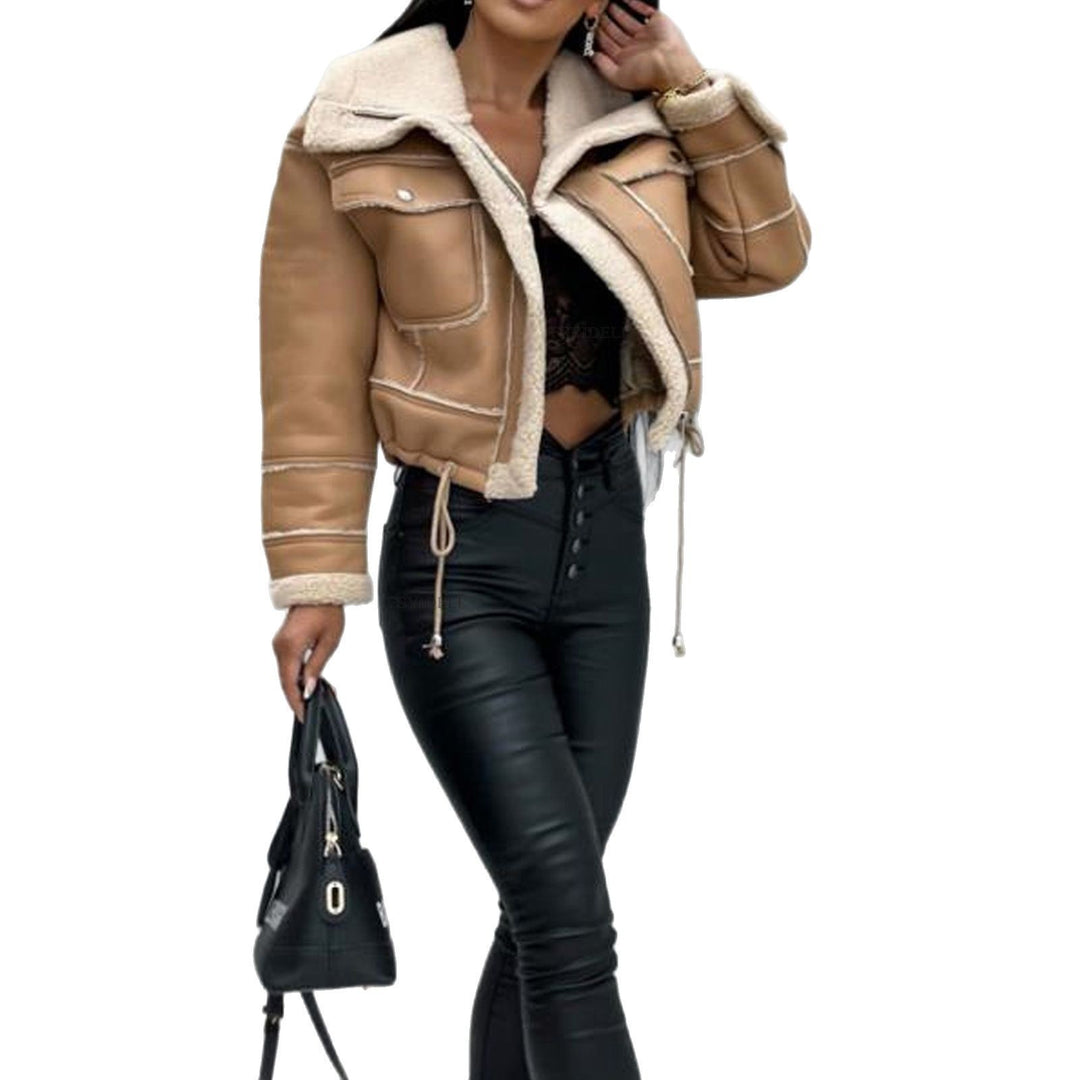 Damen cropped Bikerjacke mit Lammfell Drune