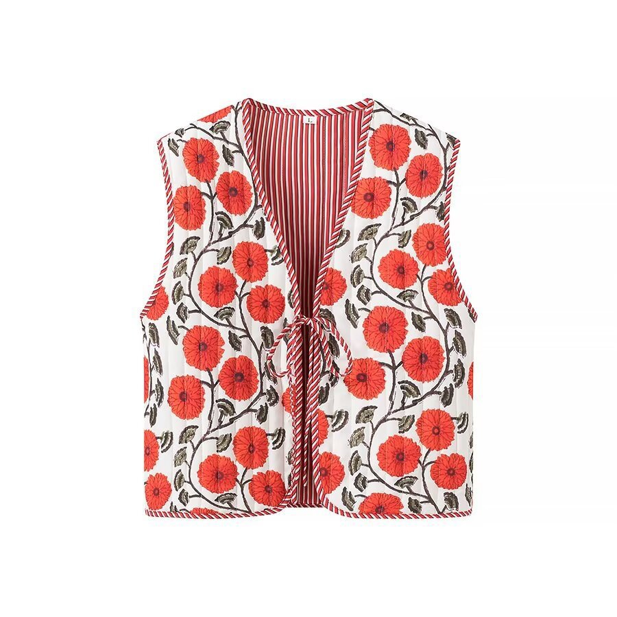Damen Patchwork-Weste mit Bindeband und V-Ausschnitt Drune