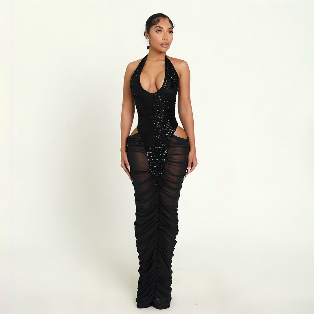 Damen Glamouröses Abendkleid mit Pailletten und Raffungen Drune
