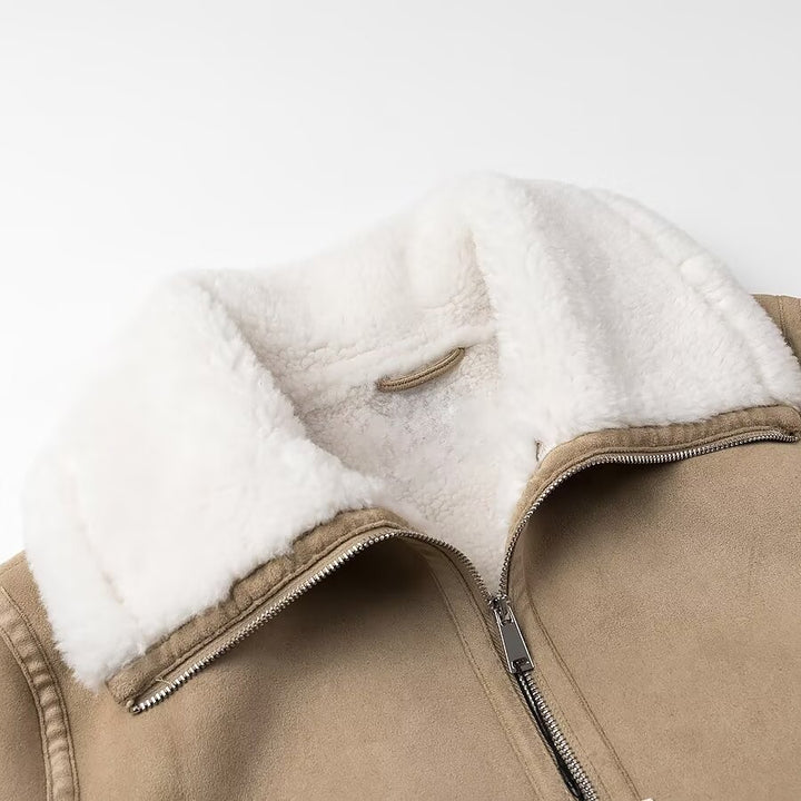 Damen Kurz geschnittene Bomberjacke mit Fake-Shearling-Kragen und Veloursoptik Drune
