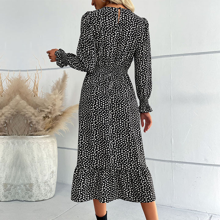 Damen Midikleid in Wickeloptik mit V-Ausschnitt, geraffter Taille und Volantstufe Drune