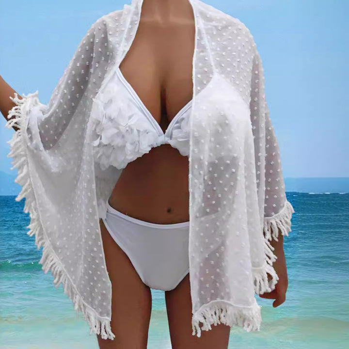 Damen transparenter Strandüberwurf mit verspielten Fransen Drune
