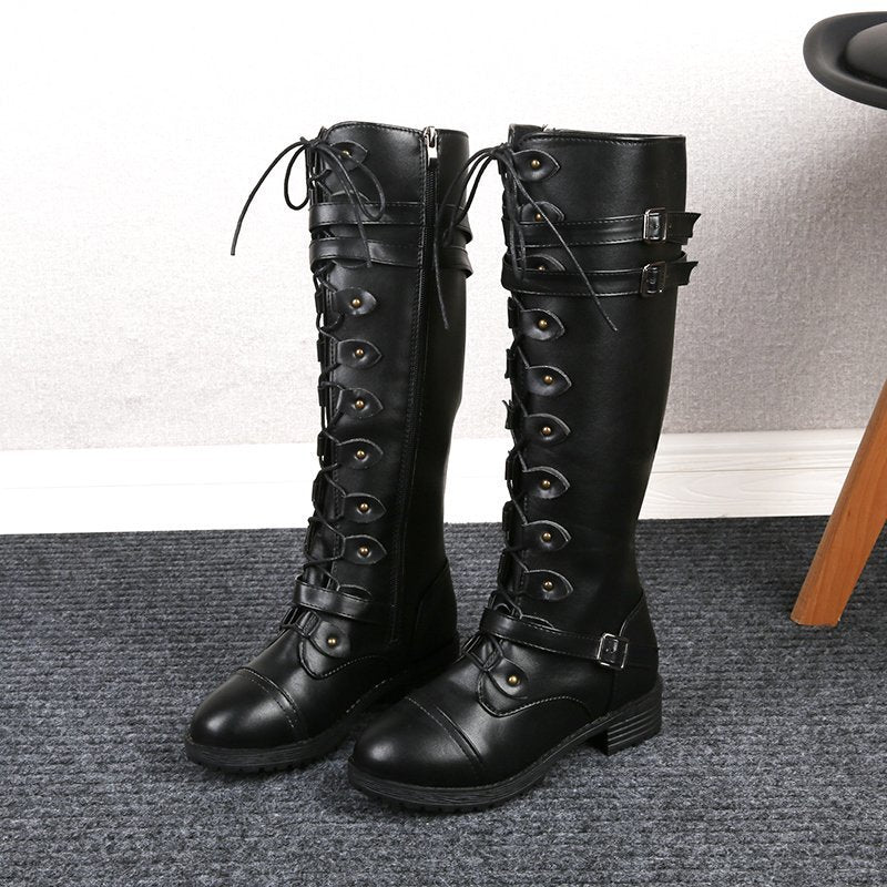 Damen  kniehohe Schnürstiefel mit seitlichem Reißverschluss, verstellbaren Zierriemen und profilierter Gummisohle Drune