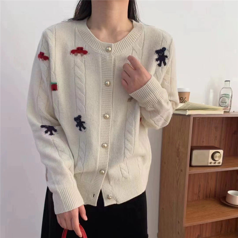 Damen Strickjacke mit buntem Motiv und dekorativen Knöpfen Drune