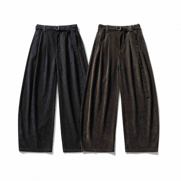 Damen Weite Highwaist-Hose mit Bundfalten, Balloon-Silhouette und Stoffgürtel Drune