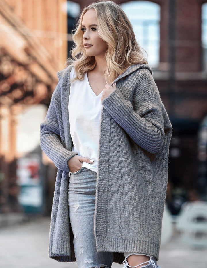 Damen lässiger Strickcardigan mit Kapuze und großen Taschen Drune
