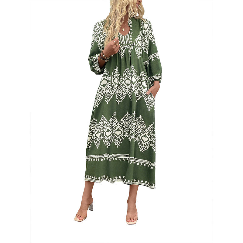 Damen lässiges Maxikleid mit elegantem ethnischem Muster und praktischen Taschen Drune