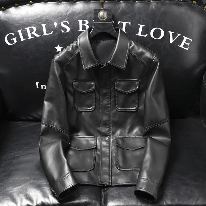 Herren Kunstleder-Fieldjacke mit vier Pattentaschen und Hemdkragen Drune